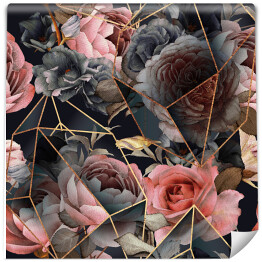 Tapeta samoprzylepna w rolce spójny wzór kwiatowy z kwiatami na ciemnym tle, akwarela. Wzór szablonu dla tekstyliów, wnętrza, odzieży, tapety. Geometria kryształu. Złota tekstura