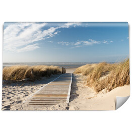 Fototapeta krajobraz z drewnianym pomostem na plaży nad Morzem Północnym