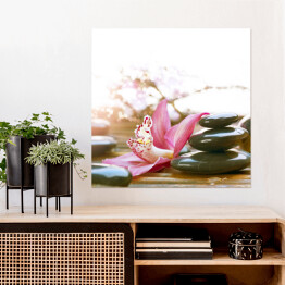 Plakat samoprzylepny Lśniące kamienie Spa przy różowych kwiatach