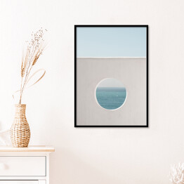 Plakat w ramie Ściana z dziurą woda i niebieskie niebo tło. Kreatywny, minimalny, stylizowany koncept dla blogerów.
