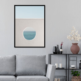 Plakat w ramie Ściana z dziurą woda i niebieskie niebo tło. Kreatywny, minimalny, stylizowany koncept dla blogerów.