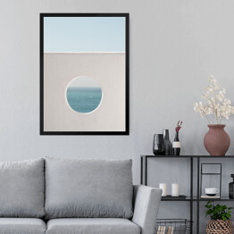 Obraz w ramie Ściana z dziurą woda i niebieskie niebo tło. Kreatywny, minimalny, stylizowany koncept dla blogerów.
