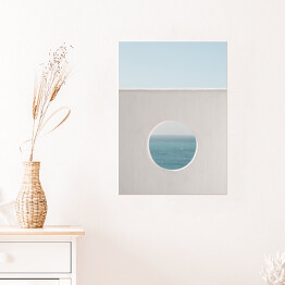 Plakat samoprzylepny Ściana z dziurą woda i niebieskie niebo tło. Kreatywny, minimalny, stylizowany koncept dla blogerów.