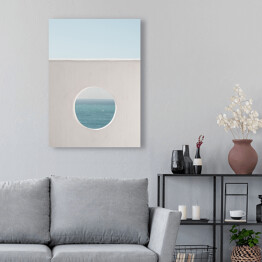 Obraz na płótnie Ściana z dziurą woda i niebieskie niebo tło. Kreatywny, minimalny, stylizowany koncept dla blogerów.