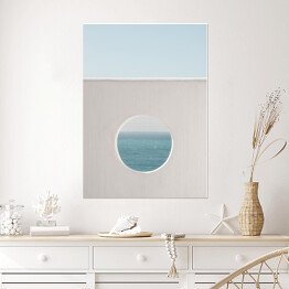 Plakat Ściana z dziurą woda i niebieskie niebo tło. Kreatywny, minimalny, stylizowany koncept dla blogerów.