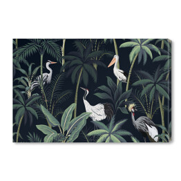 Obraz na płótnie Egzotyczne ptaki wśród tropikalnych drzew na ciemnym tle