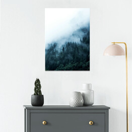 Plakat Ośnieżone drzewa na wzgórzu we mgle