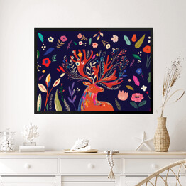 Obraz w ramie Barwna ilustracja z jeleniem i kwiatami