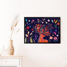 Obraz w ramie Barwna ilustracja z jeleniem i kwiatami