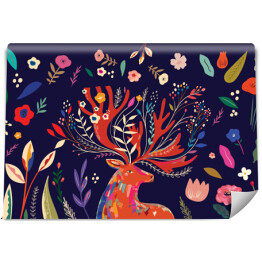 Barwna ilustracja z jeleniem i kwiatami