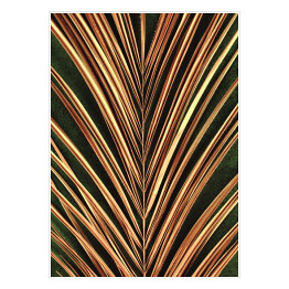 Plakat Zbliżenie złotego liścia palmowego na abstrakcyjnym ciemnozielonym teksturowanym tle. Tropikalny konceptualny luksusowy elegancki modny art deco letnie tło. Flat lay. Symetryczna kompozycja