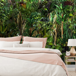 Fototapeta Bezszwowa dżungla poziomy wzór egzotycznych tropikalnych roślin zielonych, liści palmowych, bananowców, liści monstery, kwiatów. 3D ilustracja przyrody, tapeta, spójny letni druk, ciemne tło