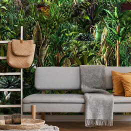 Fototapeta samoprzylepna Bezszwowa dżungla poziomy wzór egzotycznych tropikalnych roślin zielonych, liści palmowych, bananowców, liści monstery, kwiatów. 3D ilustracja przyrody, tapeta, spójny letni druk, ciemne tło
