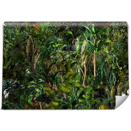 Fototapeta Bezszwowa dżungla poziomy wzór egzotycznych tropikalnych roślin zielonych, liści palmowych, bananowców, liści monstery, kwiatów. 3D ilustracja przyrody, tapeta, spójny letni druk, ciemne tło