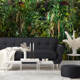 Fototapeta samoprzylepna Bezszwowa dżungla poziomy wzór egzotycznych tropikalnych roślin zielonych, liści palmowych, bananowców, liści monstery, kwiatów. 3D ilustracja przyrody, tapeta, spójny letni druk, ciemne tło