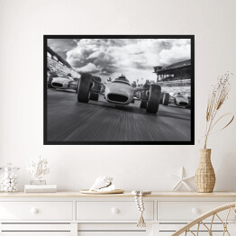 Obraz w ramie Czarno biała ilustracja z samochodem podczas wyścigów