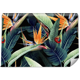Fototapeta samoprzylepna spójny wzór kwiatowy z tropikalnych liści i strelitzia na czerwonym tle. Projekt szablonu dla tekstyliów, wnętrz, ubrań, tapet. Ilustracja akwarelowa
