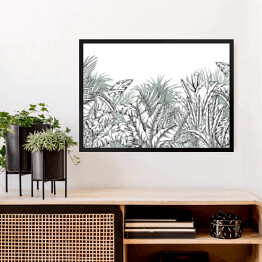 Obraz w ramie Zarys liści bananowca, palmy i monstery na białym tle