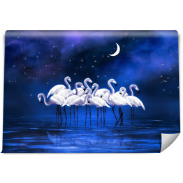 Fototapeta samoprzylepna Grupa flamingów stoi w jeziorze w świetle księżyca