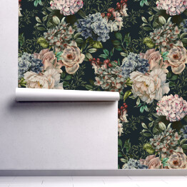 Tapeta samoprzylepna w rolce spójny wzór kwiatowy z kwiatami na ciemnym tle, akwarela. Projekt szablonu dla tekstyliów, wnętrz, odzieży, tapet. Sztuka botaniczna