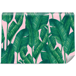 Tapeta samoprzylepna w rolce Świeże zielone liście bananowca na różowym tle. Tropikalna zieleń bezszwowe wzór
