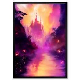 Plakat w ramie Krajobraz świata fantasy z zamkiem w odcieniach fioletu i różu