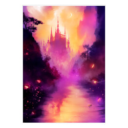 Plakat samoprzylepny Krajobraz świata fantasy z zamkiem w odcieniach fioletu i różu