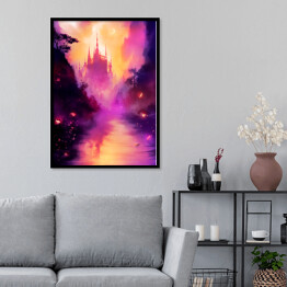 Plakat w ramie Krajobraz świata fantasy z zamkiem w odcieniach fioletu i różu