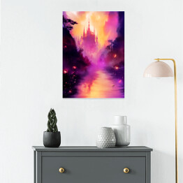 Plakat Krajobraz świata fantasy z zamkiem w odcieniach fioletu i różu