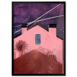 Plakat w ramie Kolorowy dom z muralem nocą