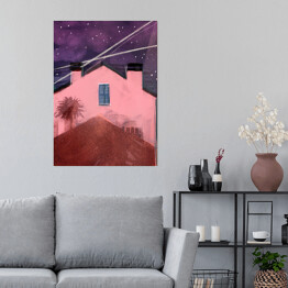 Plakat samoprzylepny Kolorowy dom z muralem nocą