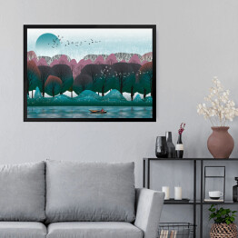 Obraz w ramie Łódka na rzece na tle kolorowego lasu