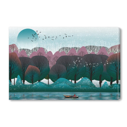 Obraz na płótnie Łódka na rzece na tle kolorowego lasu
