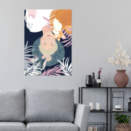 Plakat Kobieta z kotami wśród liści - ilustracja