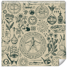 Tapeta samoprzylepna w rolce Wektorowy spójny wzór na temat alchemii i uzdrawiania w stylu retro. Powtarzalne tło z ręcznie rysowanymi szkicami, nieczytelnymi notatkami, różnymi ziołami i starożytnymi symbolami alchemicznymi