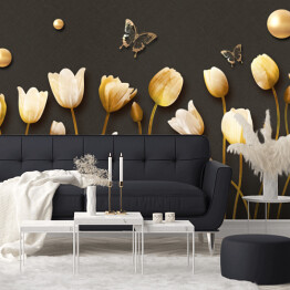 Fototapeta Tulipany i motyle w złotych barwach z efektem 3d