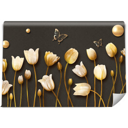 Fototapeta winylowa zmywalna Tulipany i motyle w złotych barwach z efektem 3d