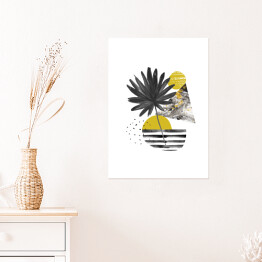 Plakat samoprzylepny Egzotyczny liść oraz geometria w odcieniach kolorów żółtego i szarego - kompozycja