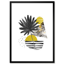 Plakat w ramie Egzotyczny liść oraz geometria w odcieniach kolorów żółtego i szarego - kompozycja