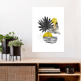 Plakat Egzotyczny liść oraz geometria w odcieniach kolorów żółtego i szarego - kompozycja