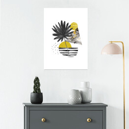 Plakat Egzotyczny liść oraz geometria w odcieniach kolorów żółtego i szarego - kompozycja
