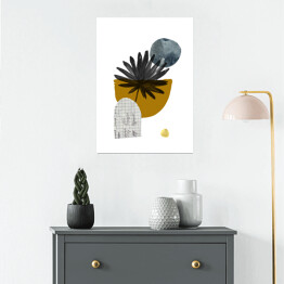 Plakat samoprzylepny Tropikalny liść oraz geometria w odcieniach kolorów żółtego i szarego - kompozycja