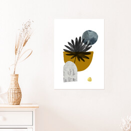 Plakat Tropikalny liść oraz geometria w odcieniach kolorów żółtego i szarego - kompozycja