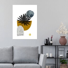 Plakat samoprzylepny Tropikalny liść oraz geometria w odcieniach kolorów żółtego i szarego - kompozycja