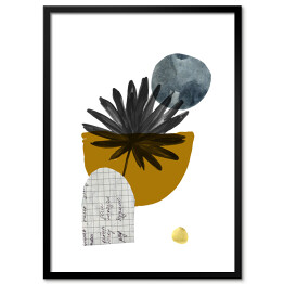 Plakat w ramie Tropikalny liść oraz geometria w odcieniach kolorów żółtego i szarego - kompozycja