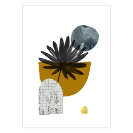 Plakat Tropikalny liść oraz geometria w odcieniach kolorów żółtego i szarego - kompozycja