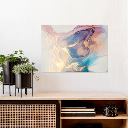 Plakat Abstrakcja w odcieniach różu i koloru niebieskiego z detalami w złotym kolorze