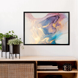 Obraz w ramie Abstrakcja w odcieniach różu i koloru niebieskiego z detalami w złotym kolorze