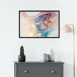 Plakat w ramie Abstrakcja w odcieniach różu i koloru niebieskiego z detalami w złotym kolorze