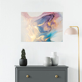 Plakat Abstrakcja w odcieniach różu i koloru niebieskiego z detalami w złotym kolorze